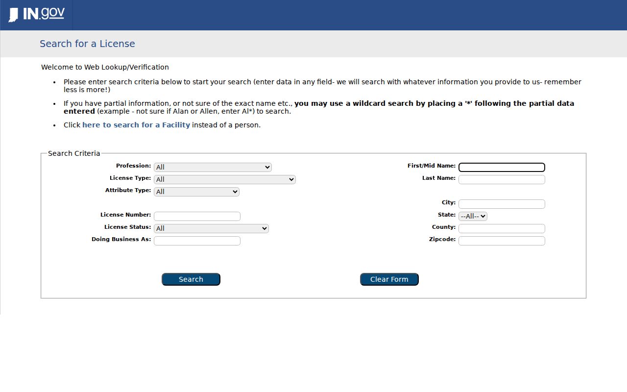 Indiana professional license verification fields for a Jeffersonville name search