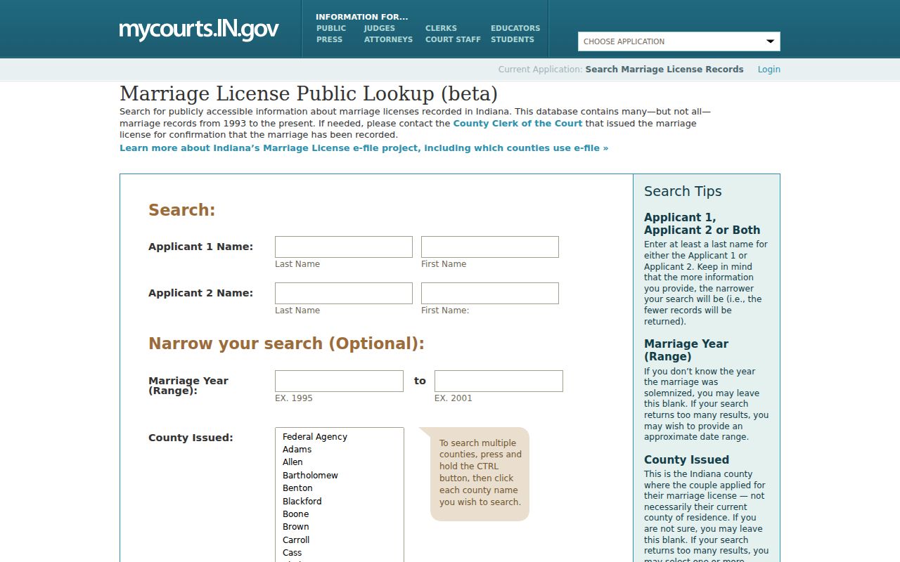 Indiana public marriage license search used for Jeffersonville resident verification